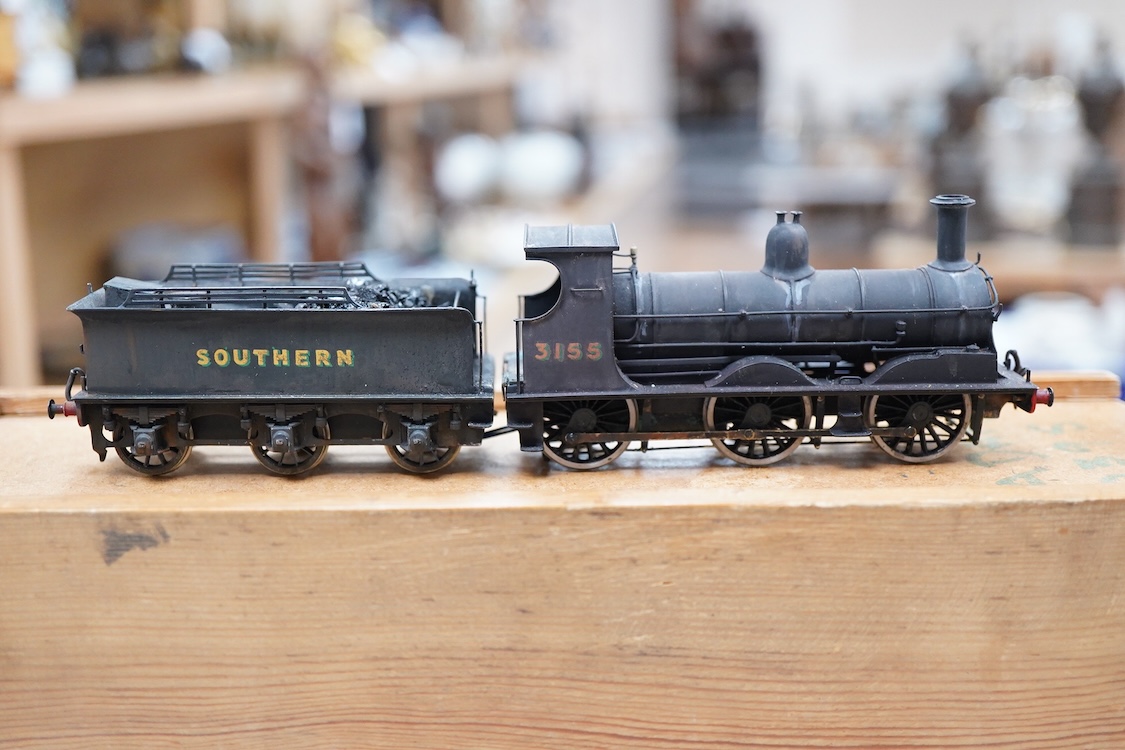 An EM gauge scratch built model railway locomotive by John Worsley, a Southern Railway Adams Class 415 0-6-0, 3155, a detailed model with opening smoke box door showing the details of the blast pipe and boiler tube ends,